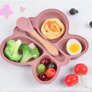 2pcs 아기 나비 실리콘 다이닝 플레이트 빨판 그릇 분할 섹션 Traininig 자체 먹이 스푼 미끄럼 방지 어린이 식기 세트