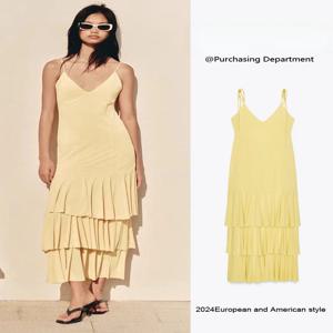 세련된 미디 드레스 ZA2025 여름 신상 여성 우아한 V넥 레이어드 장식 2025 여름 컬렉션 신상품