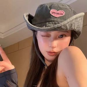 여성을위한 일본 복고풍 워시 카우보이 모자 봄과 여름 야외 캠핑 태양 보호 달콤한 핑크 러브 버킷 모자