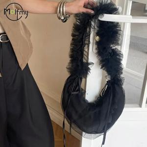 크로스 바디 백 드로우 스트링 디자인 메쉬 토트 백 스위트 폴리 에스터 레이스 숄더 핸드백 만두 모양 Pleated Underarm Shopping