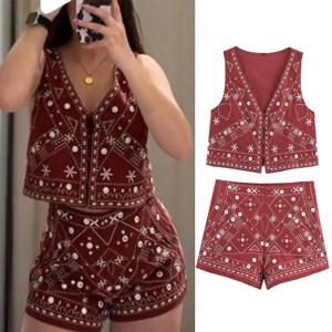 캐주얼 조끼 바지 여성 세트 V넥 민소매 조끼 반바지 여성 세트 2025 여름 자수 시크 여성 정장