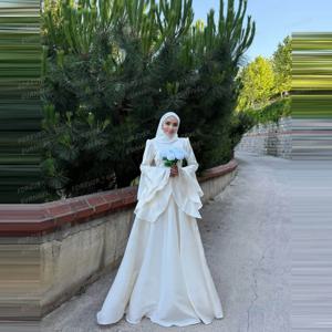 심플 A라인 웨딩드레스 여성용 새틴 하이넥 정장 배트윙 슬리브 무슬림 신부 가운 2025 맞춤 제작 웨딩드레스