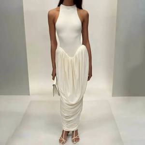 Blifanbo Pleated 우아한 O 넥 맥시 드레스 여성용 오프 숄더 패션 슬림 피트 민소매 패치 워크 섹시한 클럽 파티 드레스