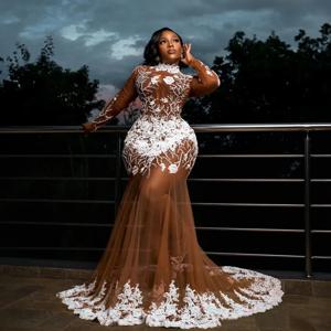 맞춤 제작 2026 머메이드 플러스 사이즈 블랙 여성 쉬폰 볼 드레스 특별한 날 일루젼 하이넥 데칼 정장 파티 드레스