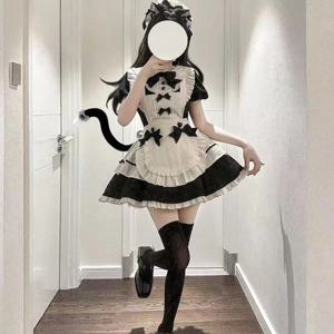 가을 일본 귀여운 로리타 메이드 스타일 달콤한 투피스 세트 여성 퍼프 슬리브 인형 칼라 드레스와 리본 앞치마 빈티지 세트