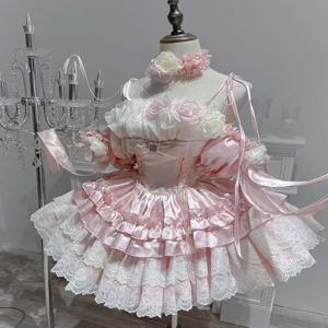 핑크 로리타 짧은 파티 드레스 여성 학생 생일 공주 스커트 성인 행사 연회 드레스 벨트 웨딩 드레스