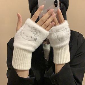 귀여운 산리오 헬로키티 소녀용 플러시 반장갑 겨울 애니메이션 헬로키티 부드럽고 두꺼운 따뜻한 보호 학생용
