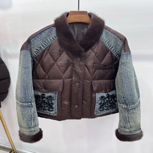 2025년 신상 겨울 여성 데님 재킷 아우터 럭셔리 여성 천연 밍크 퍼 칼라 코트 구스 다운 재킷