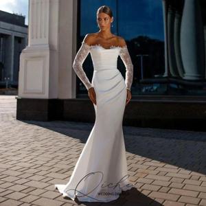 QICHE 레이스 긴 소매 스위트하트 머메이드 웨딩 드레스 플리츠 오픈 백 오프숄더 브라이덜 가운 베스티도 데 노비아 맞춤 제작