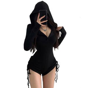 여성용 점프수트 Y2k 반바지 플레이수트 90년대 빈티지 슬림 캐주얼 섹시 바디수트 긴 소매 미적 펑크 한국 후드 모자 포함