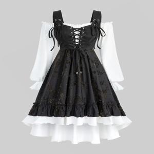 로즈갈 플러스 사이즈 하이 로우 맥시 드레스 여성 가을 캐주얼 플로럴 플로킹 러플 콜드 숄더 레이스업 포에트 슬리브 드레스