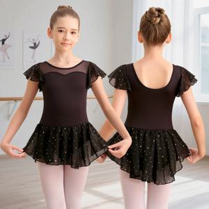 여아용 발레 레오타드 플러터 슬리브 댄스 레오타드 스커트 포함 어린이용 반짝이는 스팽글 발레 드레스