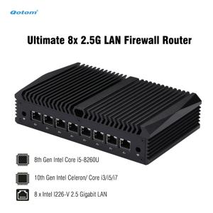 Qotom 베어본 팬리스 미니 PC 8x 인텔 i226-V 2.5G LAN 코어 i7-10510U i5-8260U 방화벽 라우터 소프트 라우터 RS232 콘솔