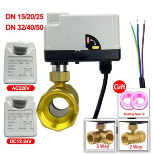 3방향/2방향 황동 전동 볼 밸브 AC220V DC12V-24V 3선 2제어 전동 액추에이터 수동 스위치 포함 DN15/20/32/40/50