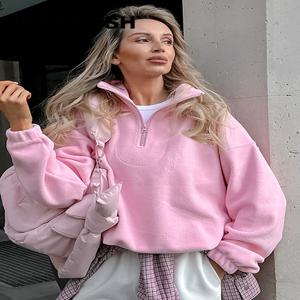 여성 가을 겨울 플리스 후드티 우아한 스탠드 칼라 지퍼 루즈 스웨트셔츠 우아한 솔리드 풀오버 캐주얼 탑 스트리트웨어
