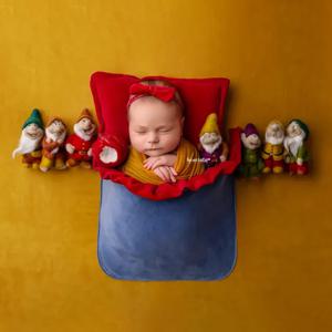 신생아 소녀 사진 소품 세트, 백설 공주 7 난쟁이 인형 장난감 벨벳 배경 포장 베개 아기 사진 촬영 액세서리