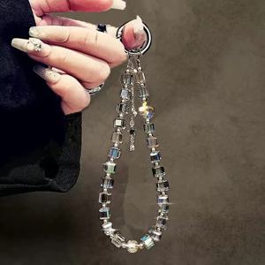 럭셔리 크리스탈 수제 비즈 폰 스트랩 손목용 짧은 줄 클립 포함 폰 케이스 키 가방 펜던트