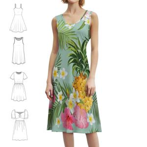 하와이 및 열대 꽃 빈티지 보헤미안 드레스 퍼프 슬리브 또는 민소매 옵션 여성용 드레스 하와이안 하와이 열대