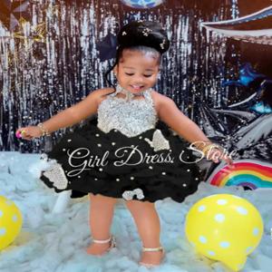 결혼식을위한 맞춤형 검은 꽃 소녀 드레스 귀여운 아기 계층화 된 간단한 어린이 생일 파티 첫 성찬식 볼 가운