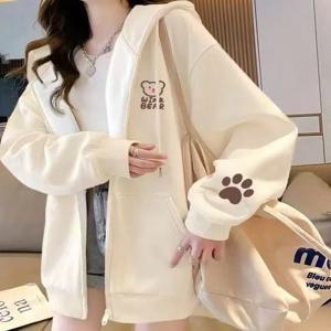 한국 스타일 양털 안감 오버사이즈 후드 가디건 여성 가을 겨울 캐주얼 학생 패션 만화 프린트 탑 코트