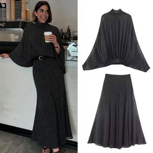 폴카 도트 프린트 미디 스커트 투피스 세트 여성용 2025 여름 시크 리본 타이 블라우스 탑 수트 여성 2피스 의상