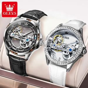 OLEVS 커플 시계 남성 여성을위한 원래 완전 투명한 해골 자동 기계식 시계 연인의 선물 럭셔리 시계