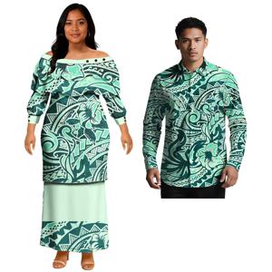 민족 스타일 맞춤 이미지 연인 의류 남성용 긴팔 하와이 셔츠 여성용 꽃무늬 사모아 풀레타시 폴리네시아 커플 세트