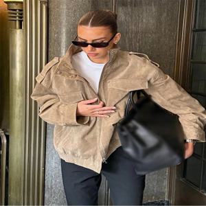 SLTNX 여성 스웨이드 자켓 2026 새로운 봄 패션 긴 소매 지퍼 루즈 자켓 코트 세련된 여성 하이 스트리트 캐주얼 아우터웨어