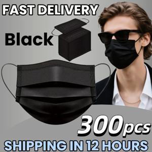 빠른 배송! 300개입 두꺼운 검정색 일회용 보호 마스크 - 3중 레이어로 통기성이 좋고 편안하며, 조절 가능한 귀걸이와 안전한 코 패드 포함 - 200/100/50/10개입, 가정용으로 저렴하게 구매 가능, 대량 구매 가능, 야외 활동, 가정, 출퇴근, 사무실, 학교, 남녀 공용으로 적합