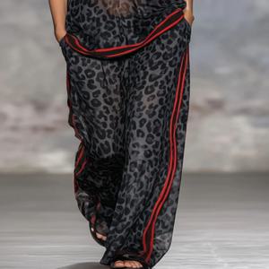 여름 캐주얼룩 여성 레오파드 프린트 스트라이프 배색 투피스 세트 (여성용 반팔 상의 & 와이드 레그 팬츠)