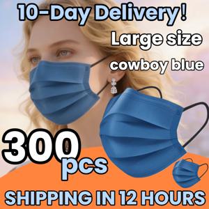 빠른 배송! 300개입 두꺼운 데님 블루 4겹 일회용 마스크 - 탄력 있는 루프와 조절 가능한 코 패드 포함, 파티, 여행, 야외 활동, 캐주얼 의류, 패션 애호가에게 적합, 민감한 피부에 적합, 남녀 공용
