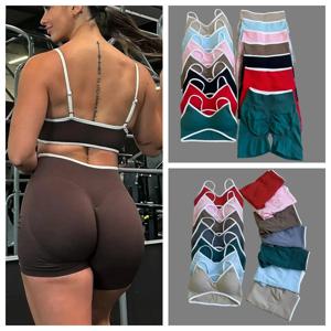 여성용 컬러 블록 2피스 요가 세트: 심리스 캐미솔 & 복숭아 모양 심리스 타이츠, 피트니스 및 운동에 적합.