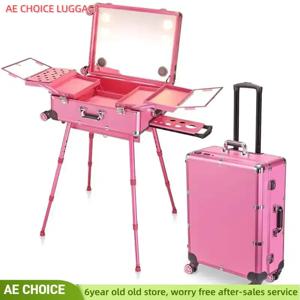 LED 라이트 미러 러기지 알루미늄 프레임 접이식 테이블, 전문 롤링 화장품 케이스, 뷰티 메이크업 트롤리 가방, 신제품