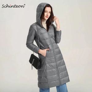 Schinteon 여성용 초경량 화이트 덕다운 롱 재킷, 후드 포함 캐주얼 슬림 아우터, 가을 겨울, 2023 신상