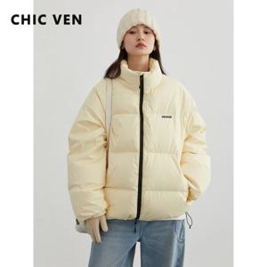CHIC VEN 여성용 다운 코트, 스트릿웨어, 솔리드 90 화이트 덕 다운 스탠드 칼라, 여성 다운 재킷, 따뜻한 여성 오버코트, 겨울 2024
