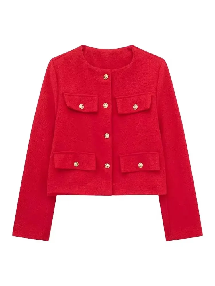 HH 여성 빈티지 솔리드 코트 버튼 긴 소매 O넥 재킷 포켓 포함 2024 봄 우아한 여성 캐주얼 아우터웨어 재킷