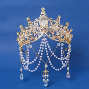 트렌디 한 골드 크리스탈 티아라 크라운 수제 술 진주 공주 여왕 Diadems 웨딩 신부 헤어 액세서리