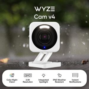 Wyze Cam v4, 2K Wi-Fi 스마트 홈 보안 카메라, 모션 감지 스포트라이트/사이렌, 양방향 오디오, 실외/실내 애완동물/아기 모니터