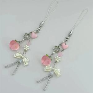 핑크 카와이 Y2K 복숭아 전화 매력 펜던트 귀여운 Bowknot 구슬 아이폰 카메라에 대한 수제 달콤한 소녀 키 체인 새로운 체인 러브 하트