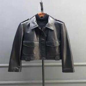 여성용 턴다운 칼라 정품 가죽 재킷, 카고 숏 코트, 하이 스트리트 펑크 양가죽 오토바이 재킷, 용수철 패션, 신상