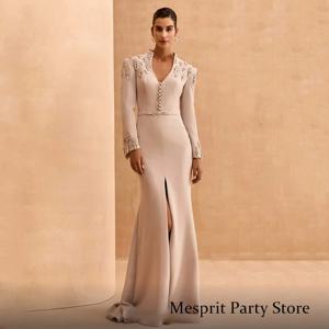 Saud Arab 여성용 이브닝 원피스, 맞춤형 긴 소매 V 넥 크리스탈 버튼, 전면 슬릿 인어 무도회 가운