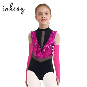 2Pcs 소녀 반짝 이는 스팽글 재즈 라틴 댄스 레오타드 체조 공연 복장 민소매 컷 아웃 컬러 블록 바디 슈트 + 장갑
