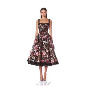 캐시 맞춤 자수 블랙 티길이 프롬 드레스 레이스 헴 A라인 웨딩드레스 스퀘어 넥 지퍼 백 이브닝 드레스