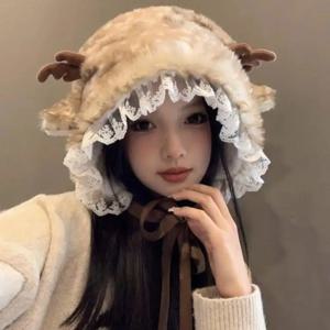 겨울 엘크 플러시 스카프 패딩 따뜻한 귀 보호 뿔 코스프레 사슴 비니 인조 모피 플러시 크리스마스 액세서리 귀마개