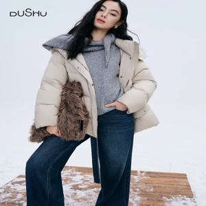 DUSHU 푸퍼 다운 재킷 롱 및 숏 스타일 구스 다운 재킷 여성용 폭스 퍼 칼라 2025 겨울 아우터웨어 심플 출퇴근용