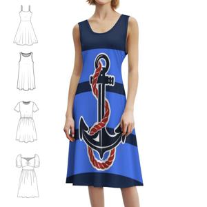 네이비 블루 앵커 온 블루 스트라이프 보헤미안 민소매 드레스 여성용 프린트 비치 파티 드레스 트로피컬 네이비 블루 하와이