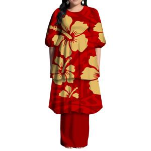 고품질 맞춤형 블루 하와이안 프린트 여성용 버블 반소매 디자인 레이어드 프릴 드레스 통가 푸레타시 2피스 세트