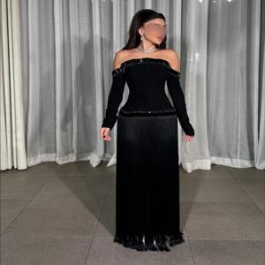 맞춤형 포멀 벨루어 플리츠 스팽글 태슬 오프숄더 롱 드레스 맞춤형 행사용 중국 스타일