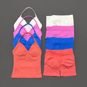 2피스 여성용 스포츠 세트, 백리스 탱크탑 요가탑, 하이웨이스트 스크런치 심리스 반바지, 스포츠 짐 세트, 운동복 세트