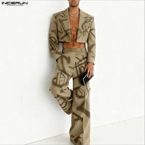 INCERUN 남성 세트 프린팅 라펠 긴팔 크롭 블레이저 & 팬츠 투피스 세트 스트리트웨어 개성 패션 남성 캐주얼 수트
